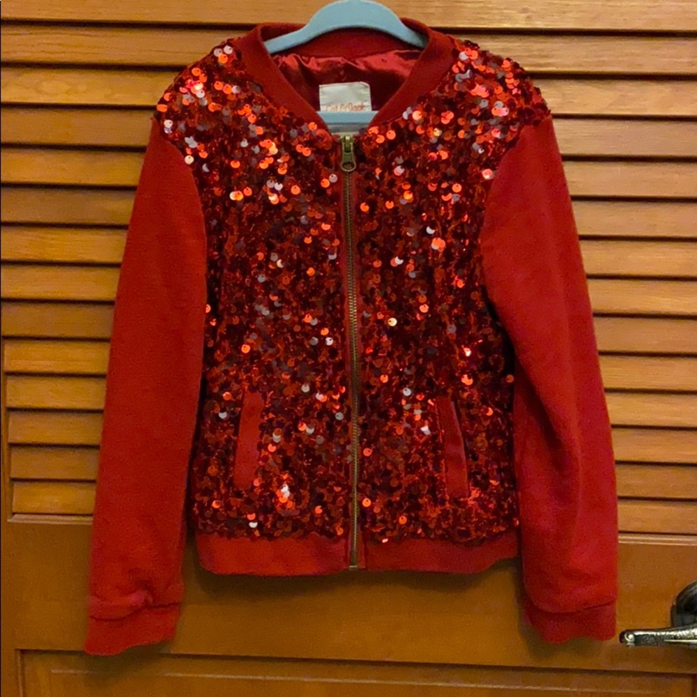 Cat & Jack Girls Zip up jacket Red Sequins 6x